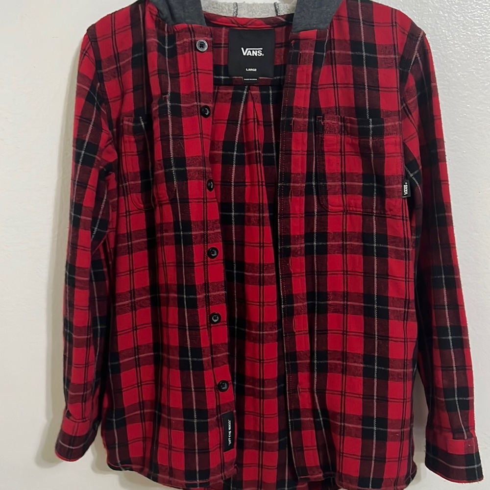 Vans, Red, black, and grey hooded flannel